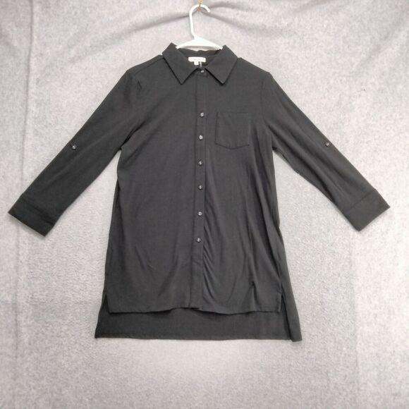 tyler boe Button Down Shirt Womens Size S Knit Black Stretch Hi-Lo Tunic Preppy - Picture 1 of 12